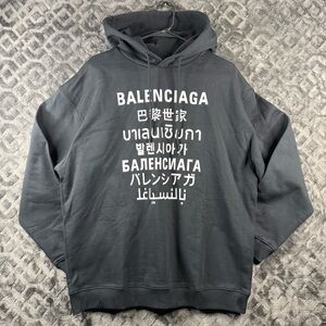 Balenciaga Men's Charcoal Hoodie with Multilingual White Print